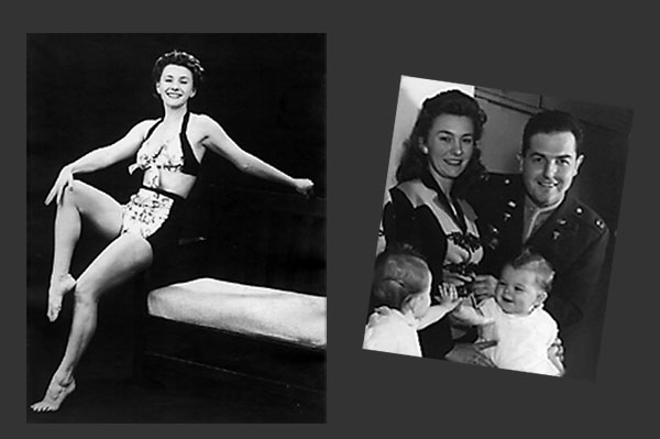 Kay, a genuine World War II pin-up girl and Kay, her husband Bertram and little bitty baby Kathleen, in early 1944.